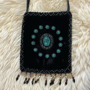Boho Whimsygoth Beaded Black Silk Velvet And Faux Turquoise Crossbody Bag Purse